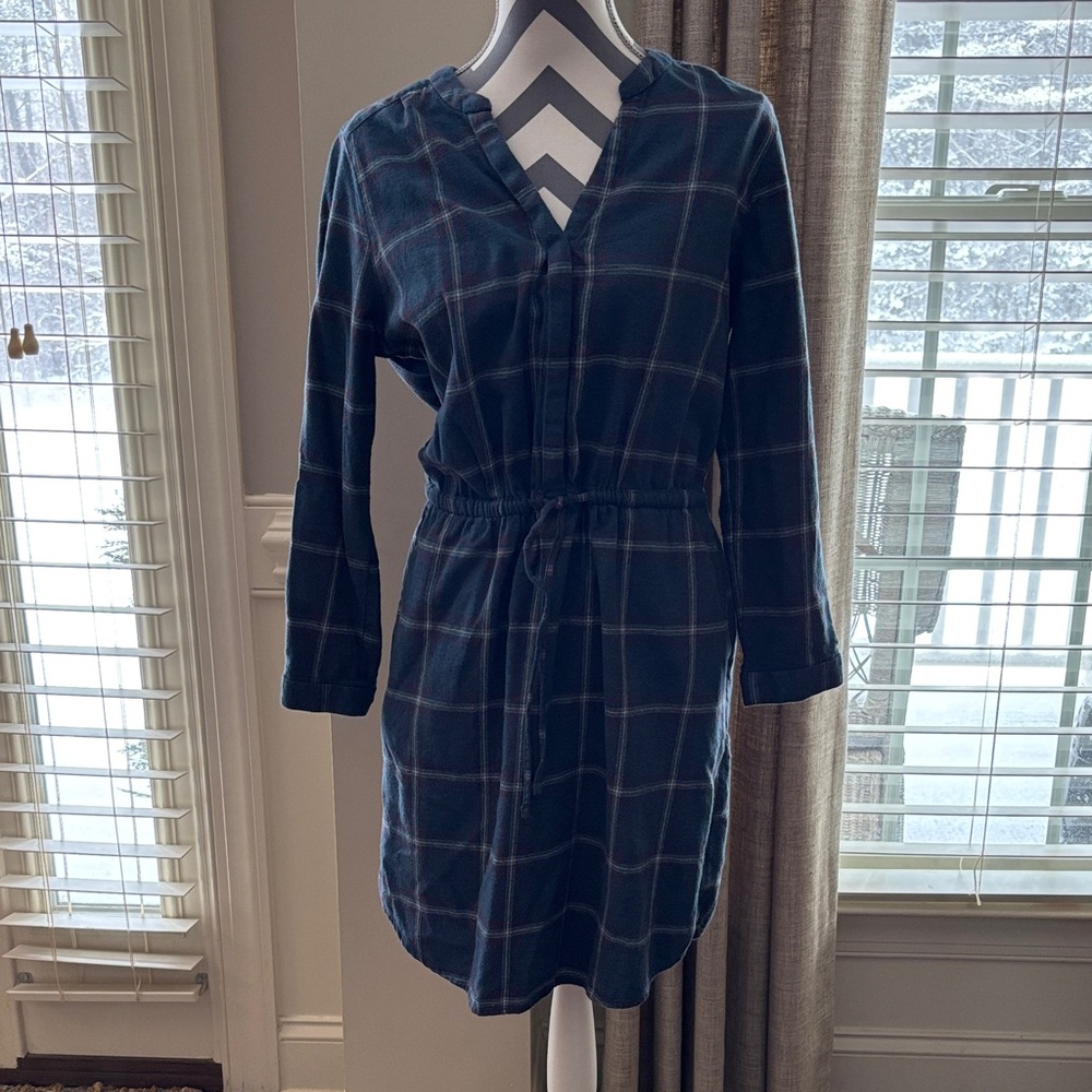 Prana Navy Checkered Long Sleeve Dress